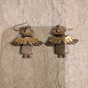 Vintage Mexican Sterling Silver Brass Angel Dangle Earrings 925